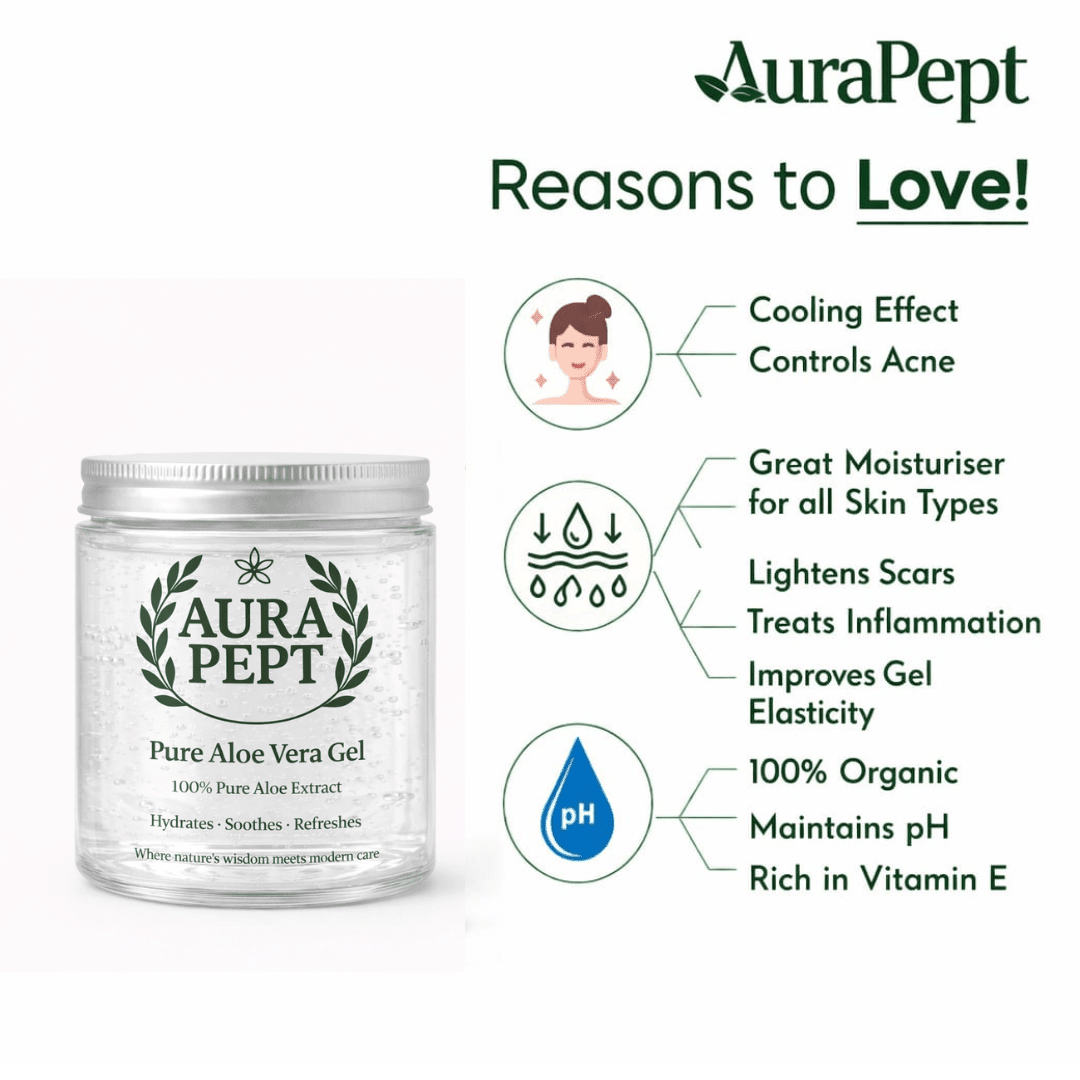 Pure Aloe Vera Gel for Hair & Face - 100% Natural Soothing Gel | No Parabens or Chemicals - Aura Pept
