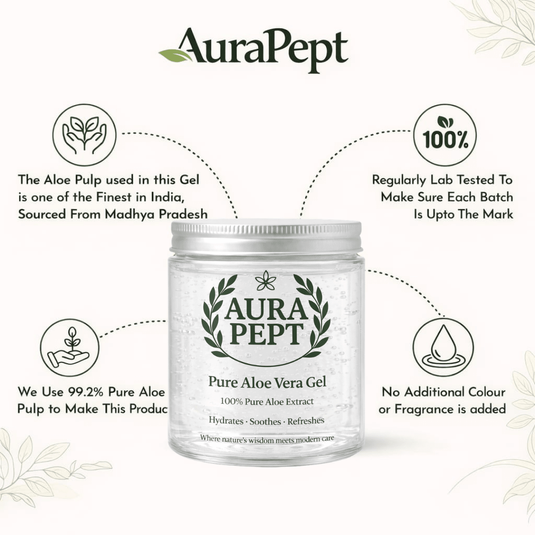 Pure Aloe Vera Gel for Hair & Face - 100% Natural Soothing Gel | No Parabens or Chemicals - Aura Pept